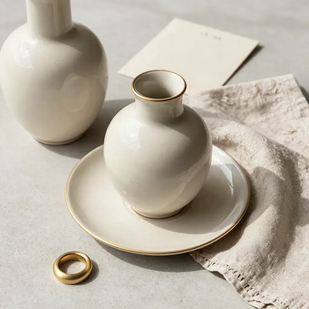 Vaso in ceramica crema con bordo oro, piattino, tessuto e anello su pietra chiara.