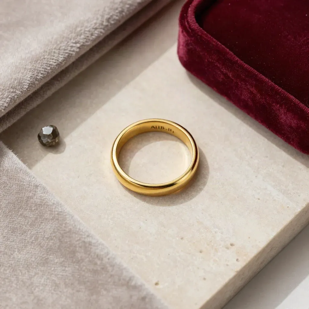 Anello d’oro giallo con velluto neutro e pietra grezza su lastra chiara.
