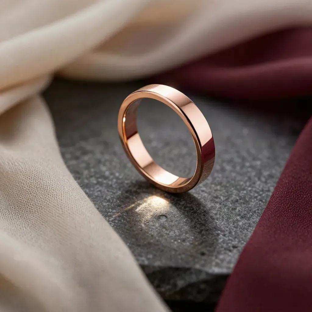 Anello in oro rosa su pietra scura con seta neutra, luce drammatica e riflessi