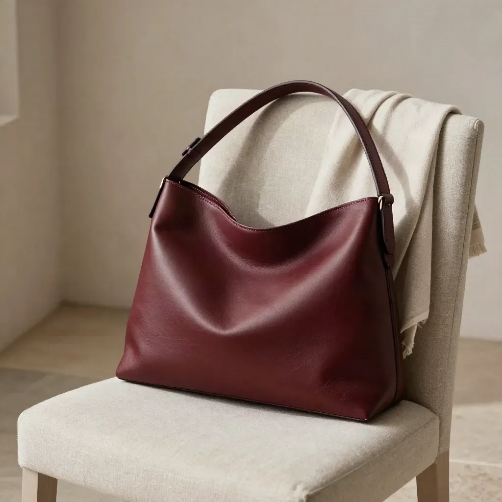 Borsa Goccia borgogna su sedia chiara con foulard neutro, luce morbida