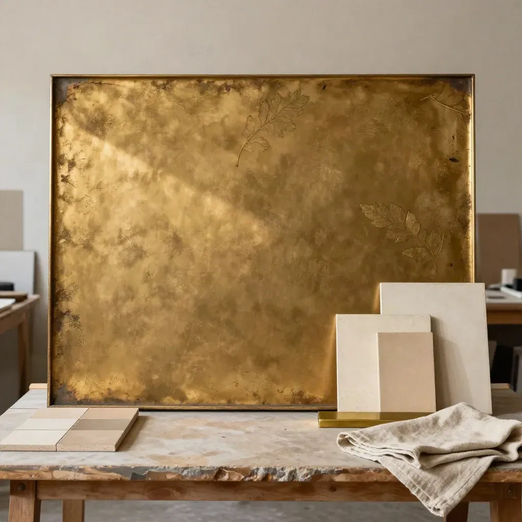 Pannello oro vecchio con campioni materici in un atelier luminoso e raffinato