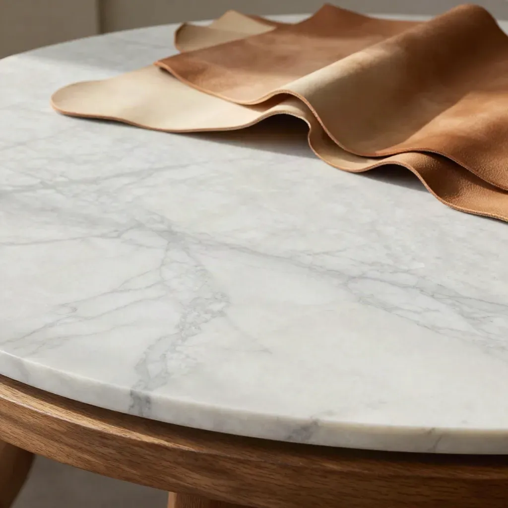 Piano in marmo chiaro, bordo in legno e pelli naturali sfocate in alto, luce morbida.