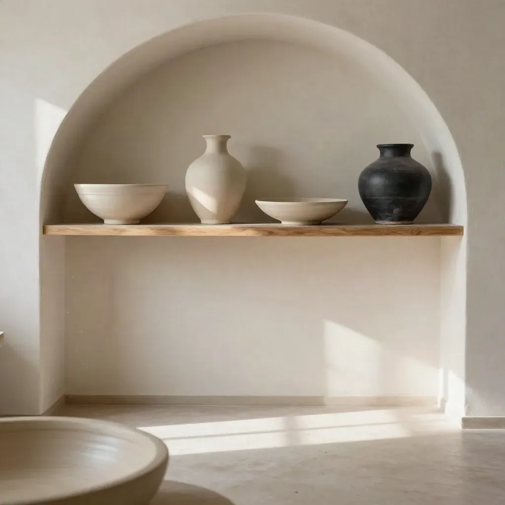 Atelier luminoso con arco intonacato, mensola in legno e ceramiche artigianali neutre in luce soffusa.